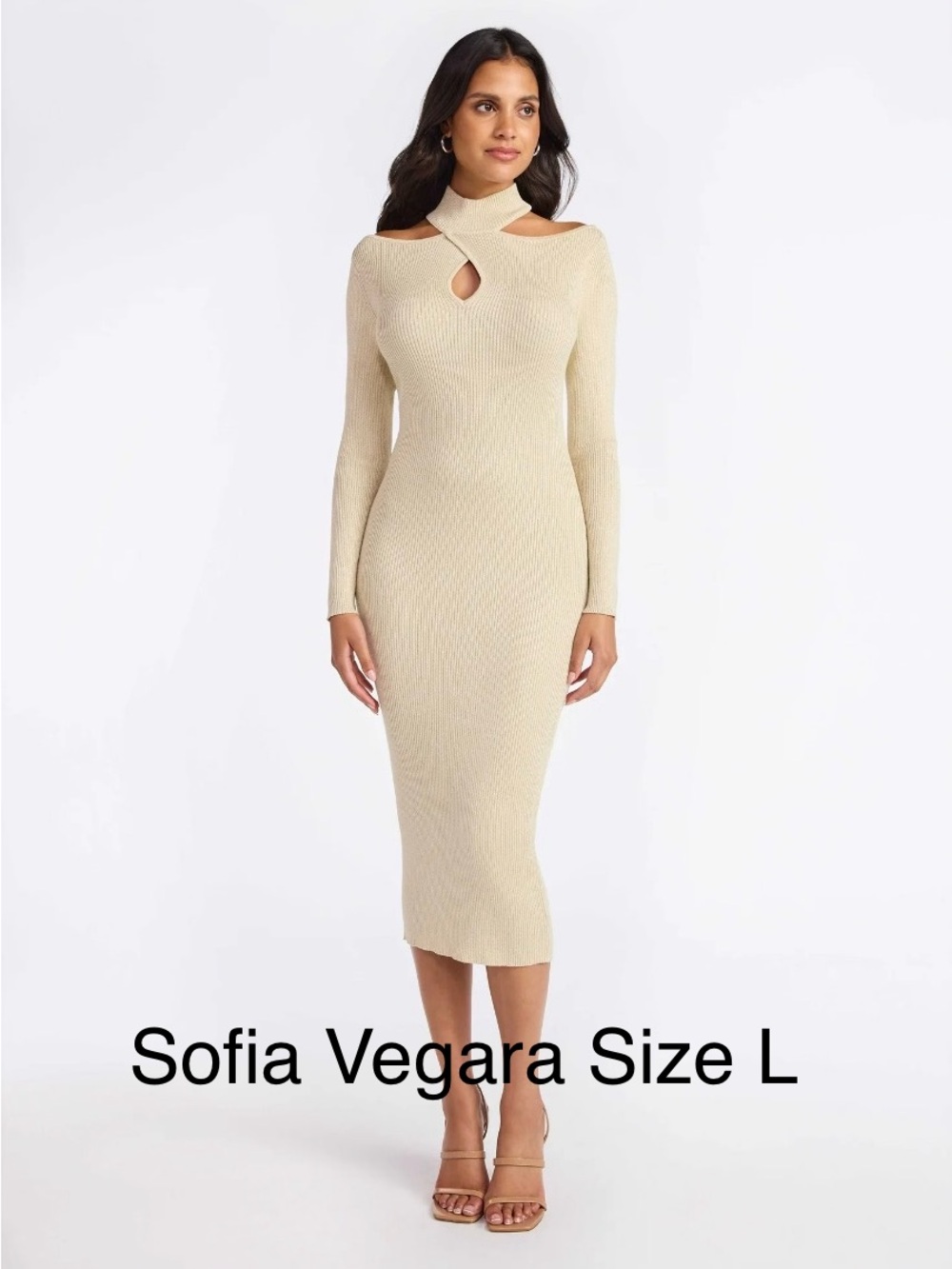5/$30 Sofia Vergara Cream Twist Front Cutout Ribbed Midi Sweater Dress NWT L